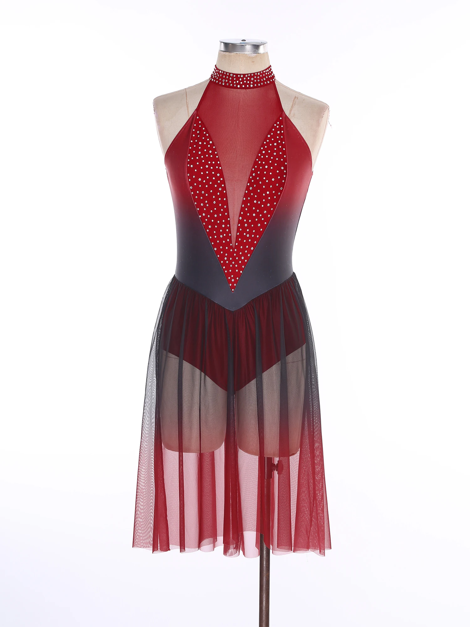 Women Lyrical Dance Dress Halter Cutout Back Shiny Rhinestones Gradient Color Sheer Mesh Patchwork Dress for Ballet Competition