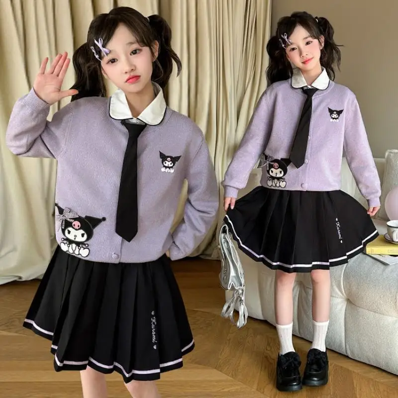

Jk Kuromi Child Suit Sanrios Spring Autumn Suit Girl Sweater Cardigan Waistcoat Pleated Skirt Children's Clothing Kawaii Cartoon