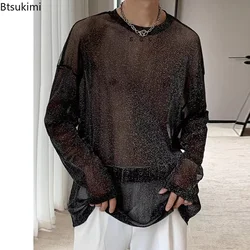 Camisetas de malla de manga larga para hombre, ropa de dormir negra para discoteca, camisa inferior de malla, camisas de rendimiento brillantes, 2024