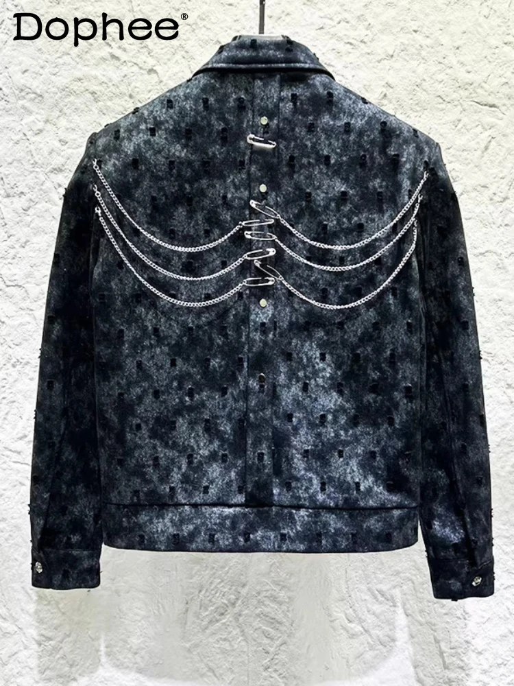 

Men's 2026 Spring New Fashion Lapel Jackets Pin Chain Design Tie-Dye Hole Denim Coats Male Handsome Long Sleeve Denim Jackets