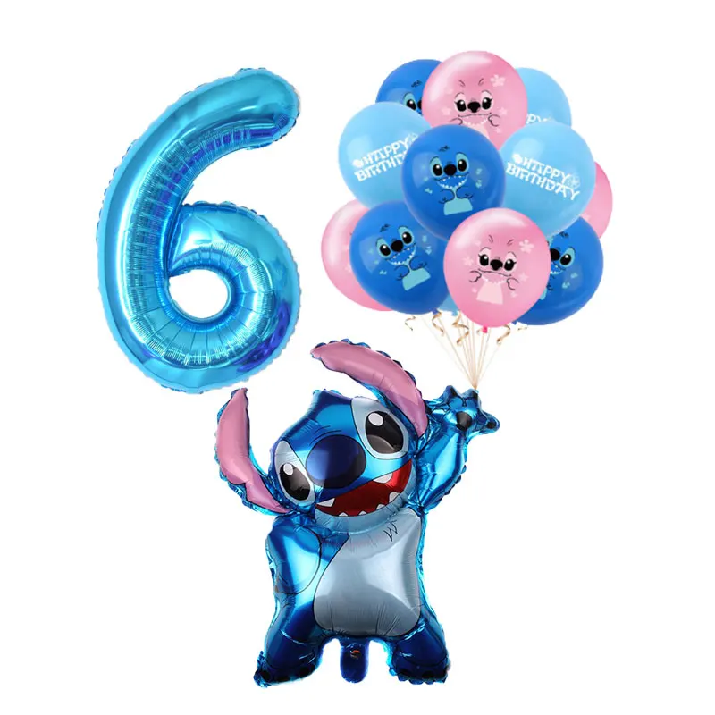 Decoración de fiesta de cumpleaños de Disney Stitch, globos, vajilla, suministros, telón de fondo, vasos de papel, platos, mantel, Pancarta, regalos