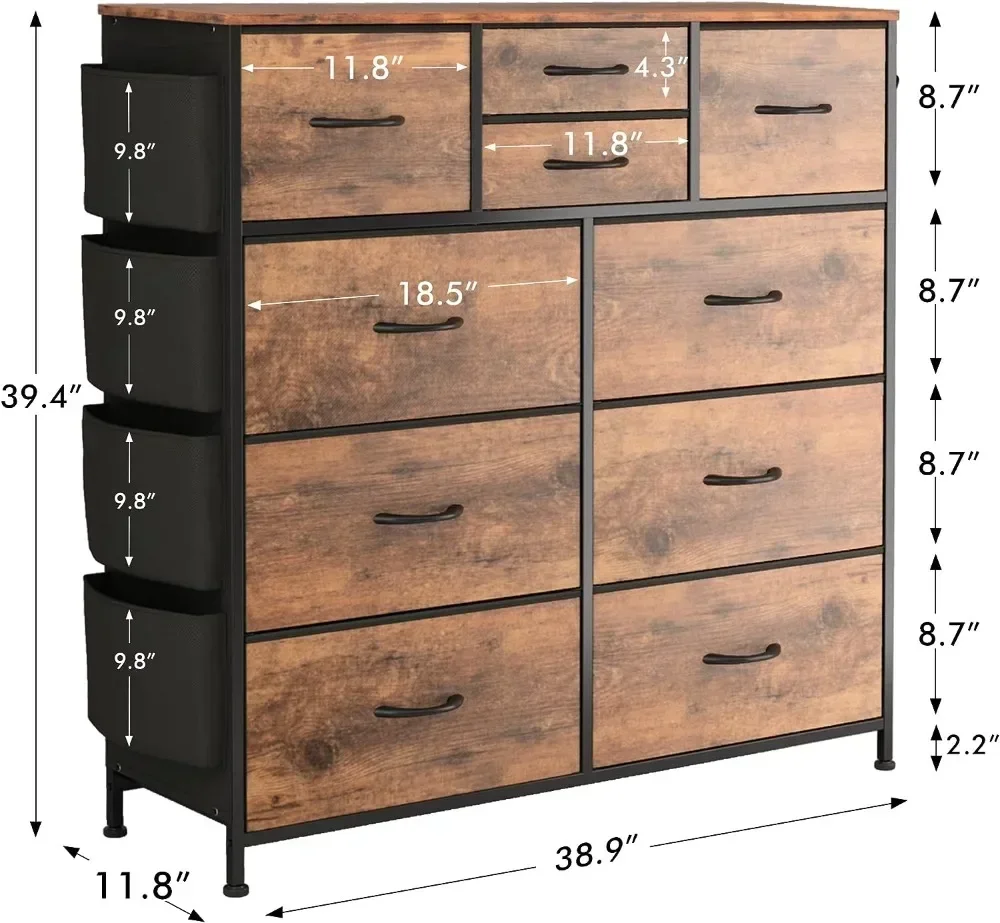 10 Drawer Dresser, Chest of Drawers for Bedroom with Side Pockets and Hooks, PU Sturdy Steel Frame, Organizer, Closet (White)