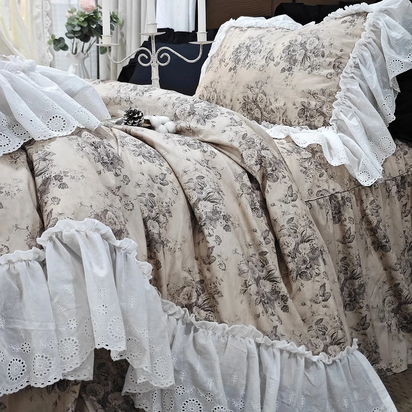 French Korean Princess Style Floral Lace Cotton Bed Skirt Bedding Set 4Pcs