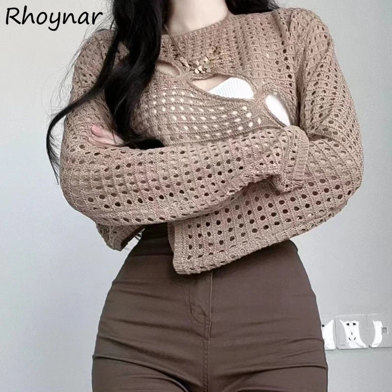 

Hollow Out Pullovers Women Long Sleeve Sun-proof Vintage Cropped Streetwear Y2k Clothes European Stylish Knit Temper Sexy Casual