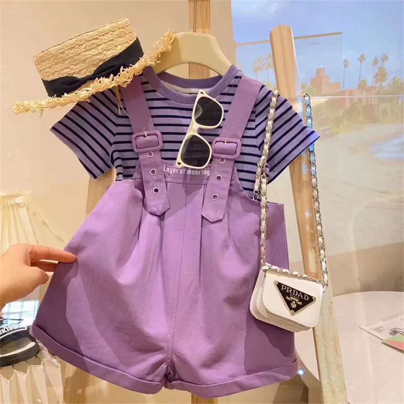 

Girls' summer overalls set, stylish short-sleeved summer clothing for little girlsTT-shirt and pants two-piece set