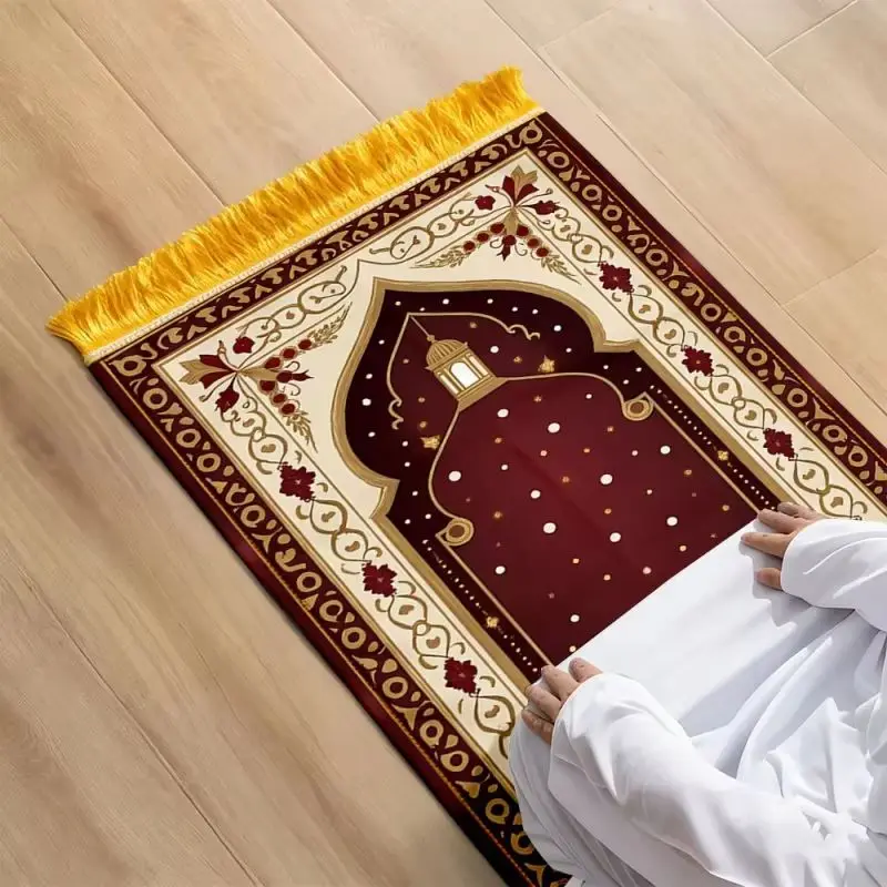 VIKAMA Wine Red Golden Floral Islamic Prayer Rug Fringed Muslim Salat Mat Arch Design Sajadah Carpet For Daily Worship