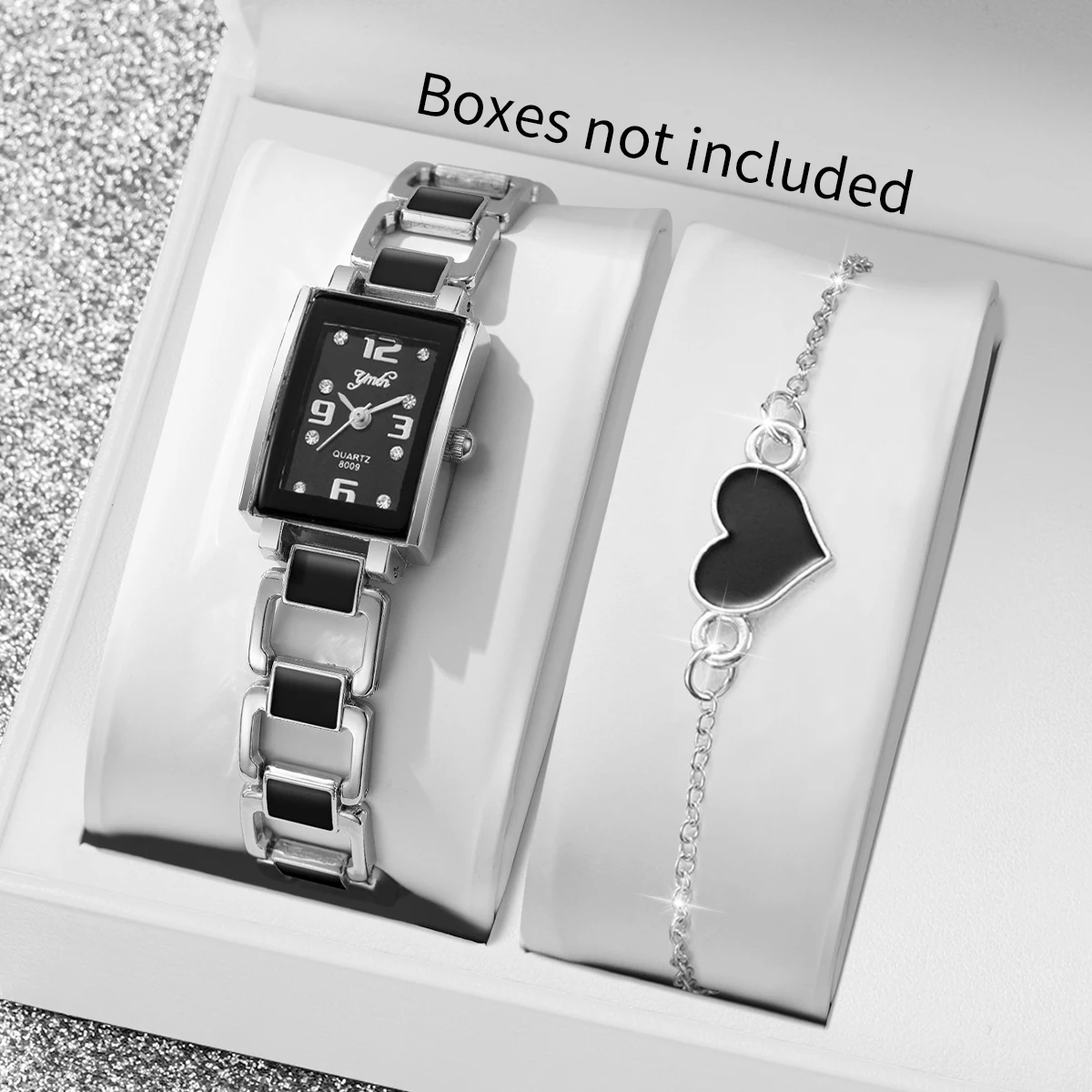 2PCS Fashion Square Arabic Dial Women Watches Heart Bracelet Set Ladies Quartz Watch Reloj Mujer Girls Clock Gift(Without Box)