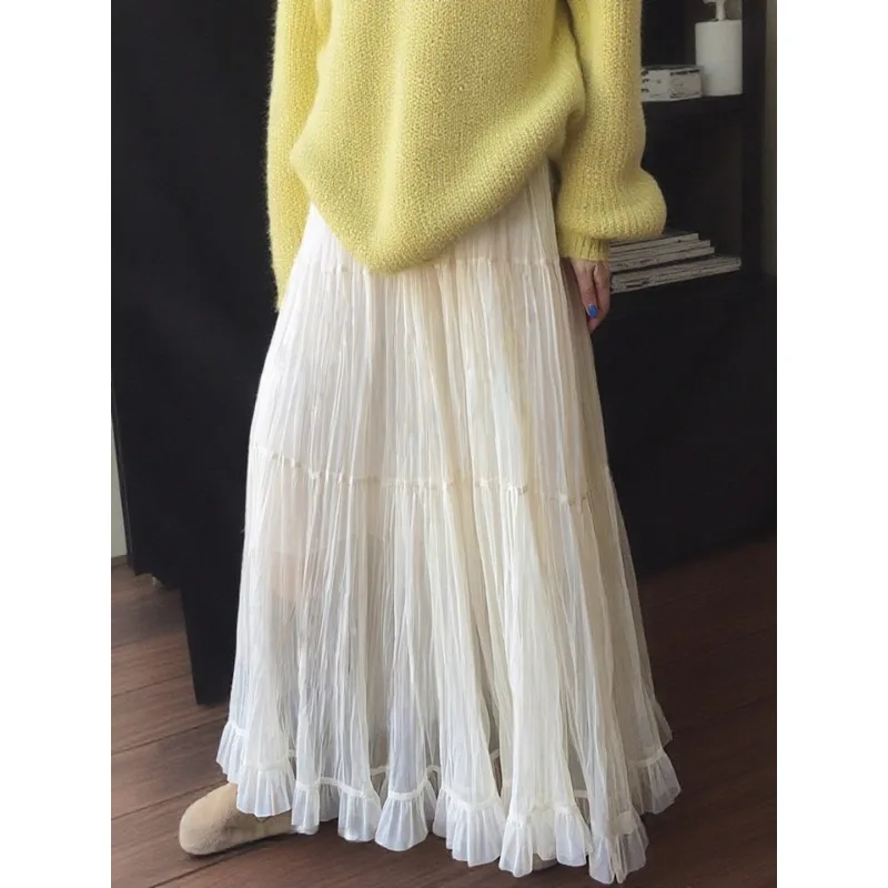 

Женская длинная юбка А-силуэта с высокой талией, однотонная, весна-лето 2026, в французском стиле, из сетки, элегантная, стройнящая