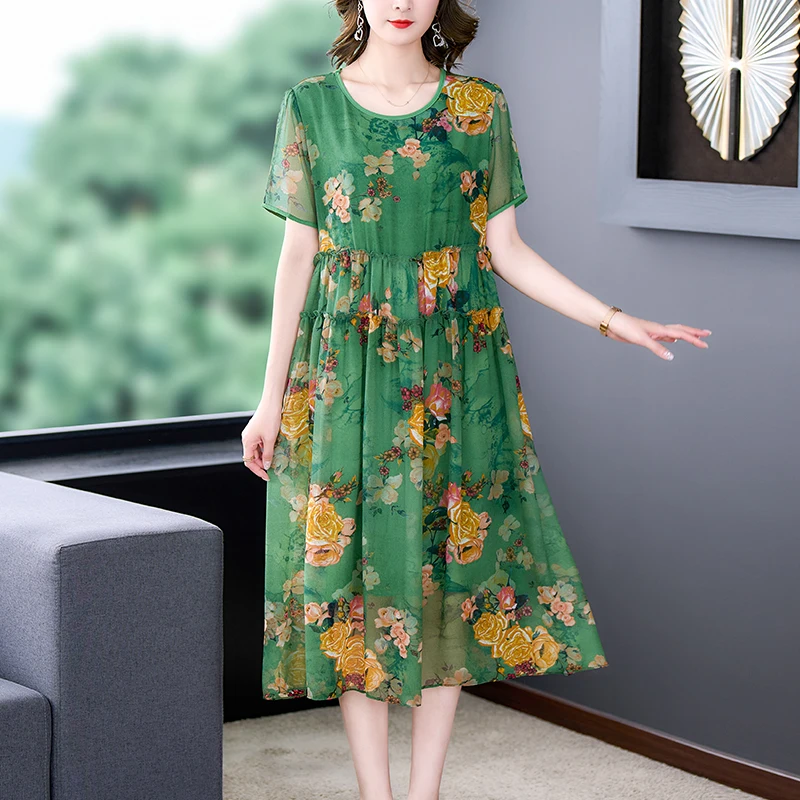 Women Green Floral Silk V-Neck Midi Dress 2024 Boho Fashion Light Casual Beach Dress Summer Korean Elegant Bodycon Party Dress