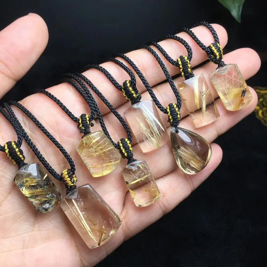 Unit One Piece Good Quality Natural Rutilated Quartz Crystal Healing Square Shape Pendant With Handweaving Rope