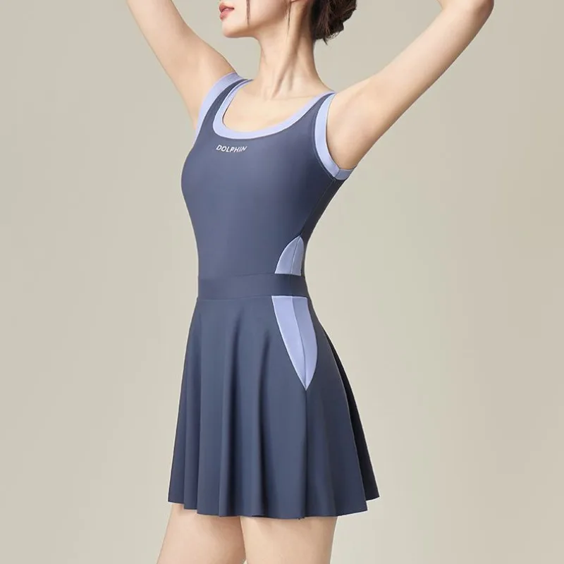ผู้หญิงชุดว่ายน้ําแขนกุด Patchwork One Piece ชุดว่ายน้ํากระโปรงกางเกงขาสั้นหญิงกีฬา Beachwear Monokini ชุดว่ายน้ํา