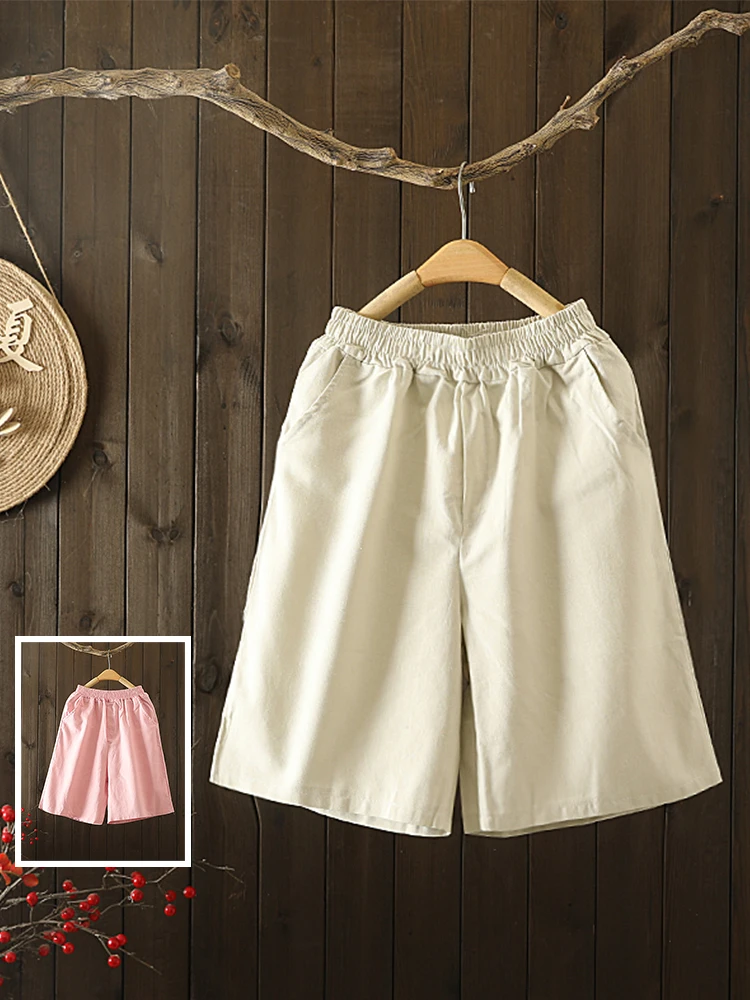 

Повседневные хлопковые и льняные широкие брюки с пятью точками, большие размеры, женские летние брюки прямого кроя с высокой талией, художественные брюки для отдыха...