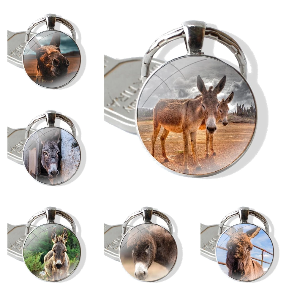 New animal donkey head Keychain Handmade Glass Cabochon Key Ring Holder Pendant Key Chains