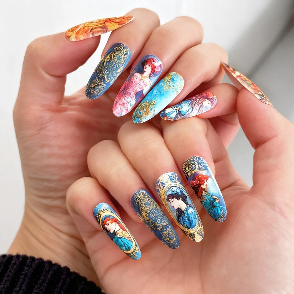 

24pcs Vintage Artistic Colorful Lady Press-On Nails, European Style, Long Almond Shape, Assorted Sizes