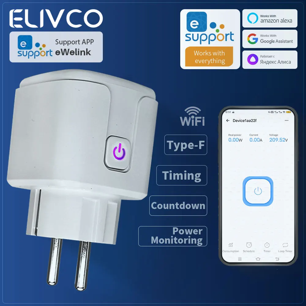 EWelink Smart Plug WiFi Socket with Timing/Countdown/Power Monitoring, Supports Home Assistant/Google Assistant/Alexa/Smartthing