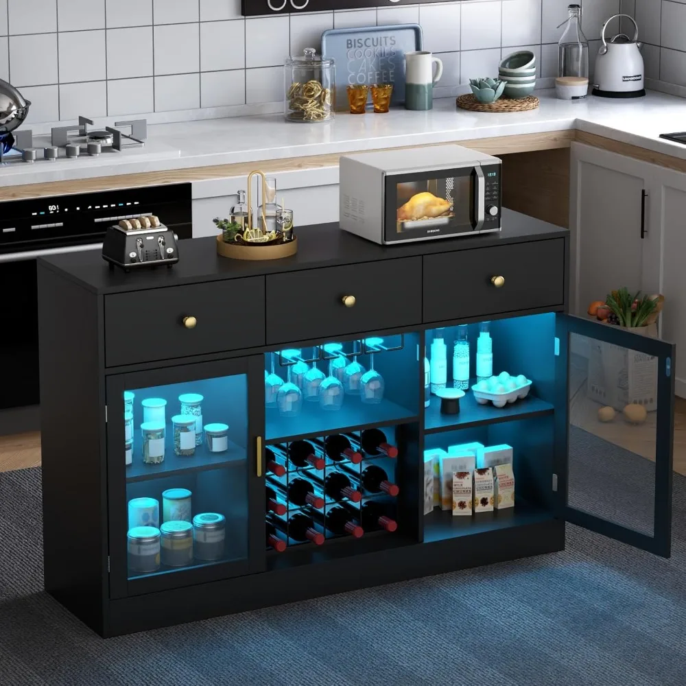 Wine Bar Cabinet with LED Light, Home Coffee Cabinet with Wine and Glass Rack, Kitchen Buffet Sideboard with Storage Cabinet&Dra