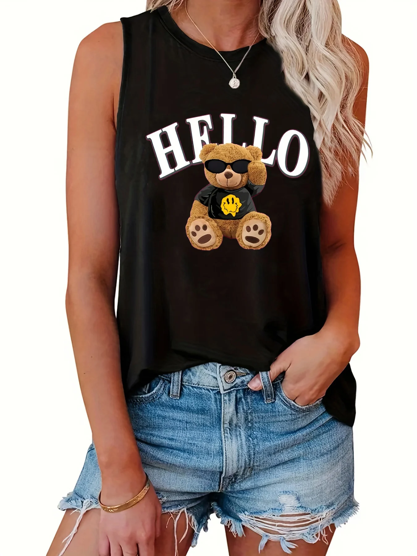 Women\'s Christmas Day long sleeved T-shirt &Summer Casual Loose Size  BEAR cartoon Print Round Neck Sleeveless Tank Top T-shirt