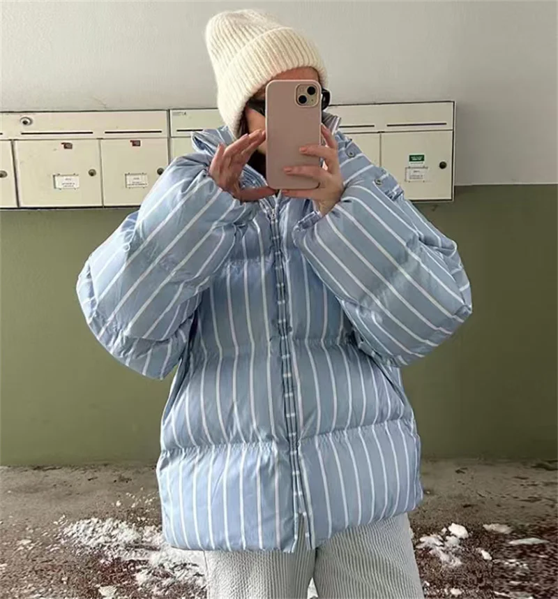 Damenjacke, europäischer und amerikanischer lockerer gestreifter Puffermantel mit Kapuze, Baumwollkleidung, modische, lässige Damenbekleidung für den Herbst