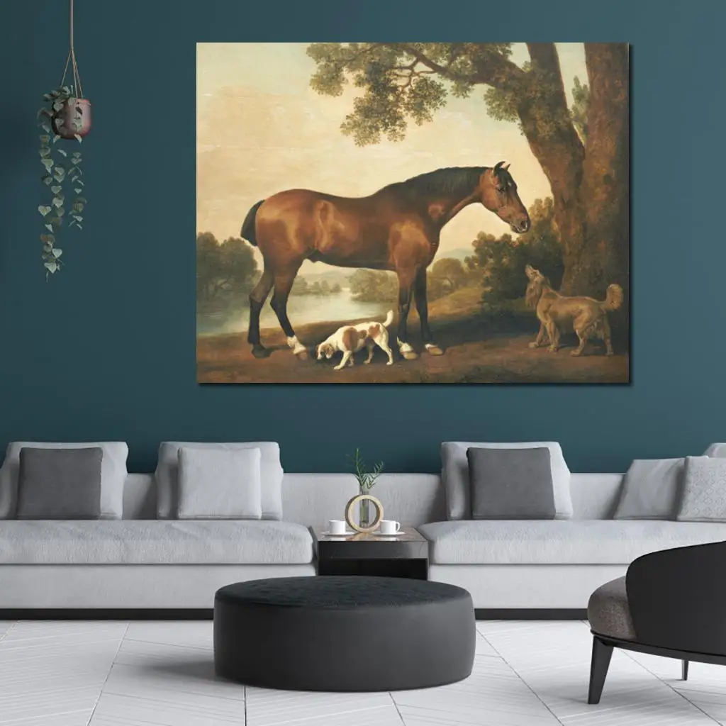 

Art for Sale Horse Painting A Bay Hunter A Springer Spaniel and A Sussex Spaniel by George Stubbs High Quality