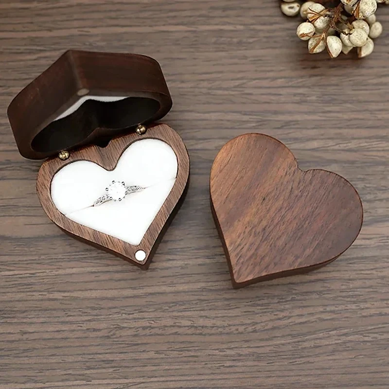 Classical Heart Shape Wedding Ceremony Ring Box, Walnut Wood Jewelry Boxes Proposed Wedding Jewellery Storage Organizer Ring Box