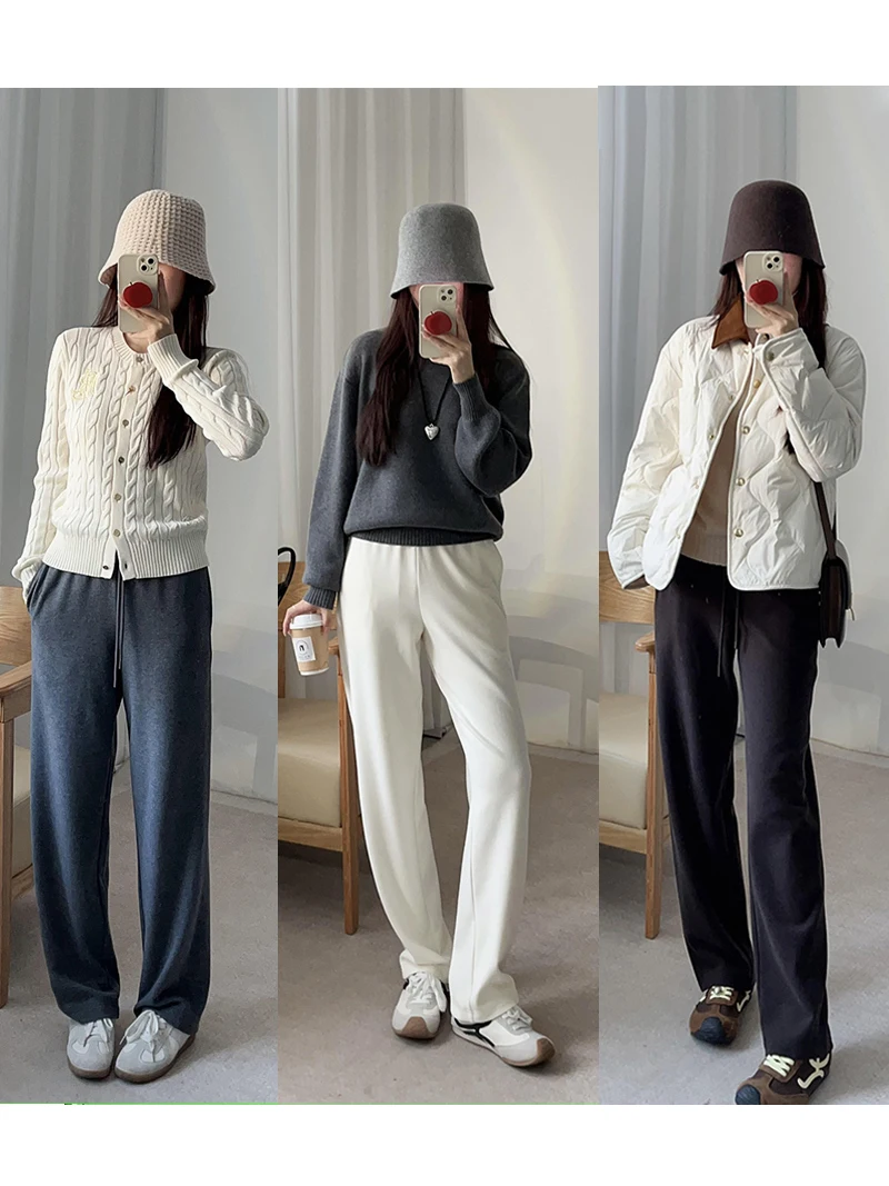 

Comfortable Double-Faced Fce Elastic Waist Casual Pants Women's Soft Warm Autumn Winter Faion Straight Leg Trousers