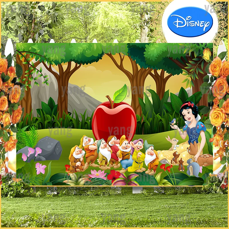 Disney Cartoon Lovely Snow White Princess And Seven Dwarfs Cute Red Apple Forest Backdrop Birthday Party Photography Background