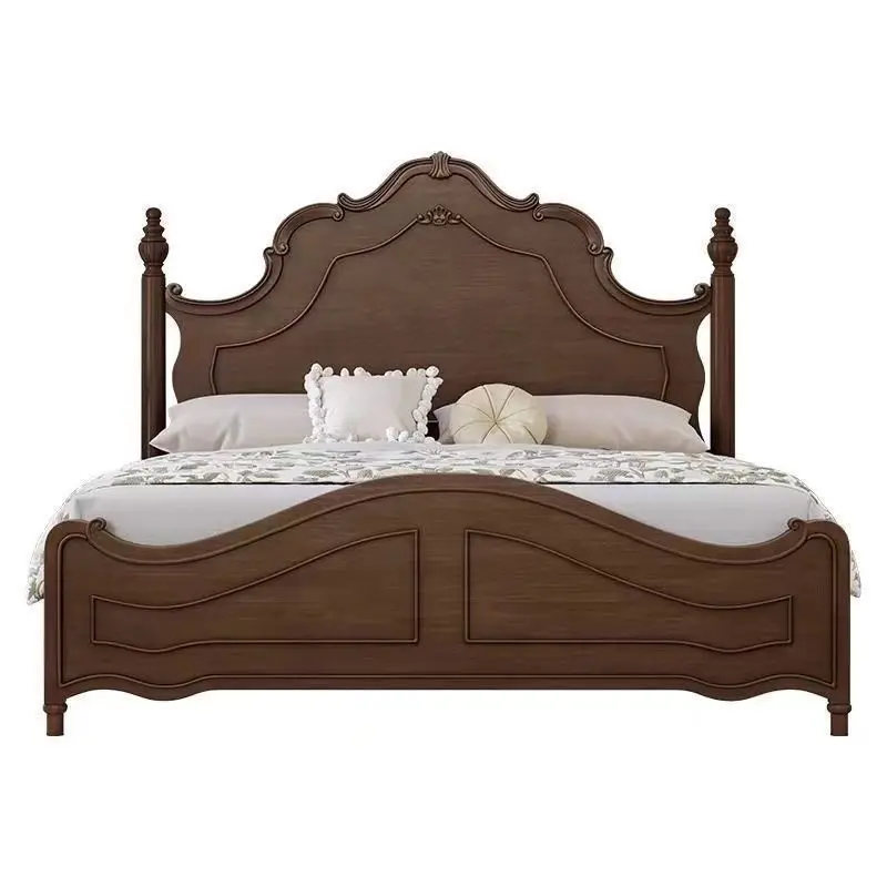 

American, retro, solid wood bed, carved, master bedroom, double, cream wind