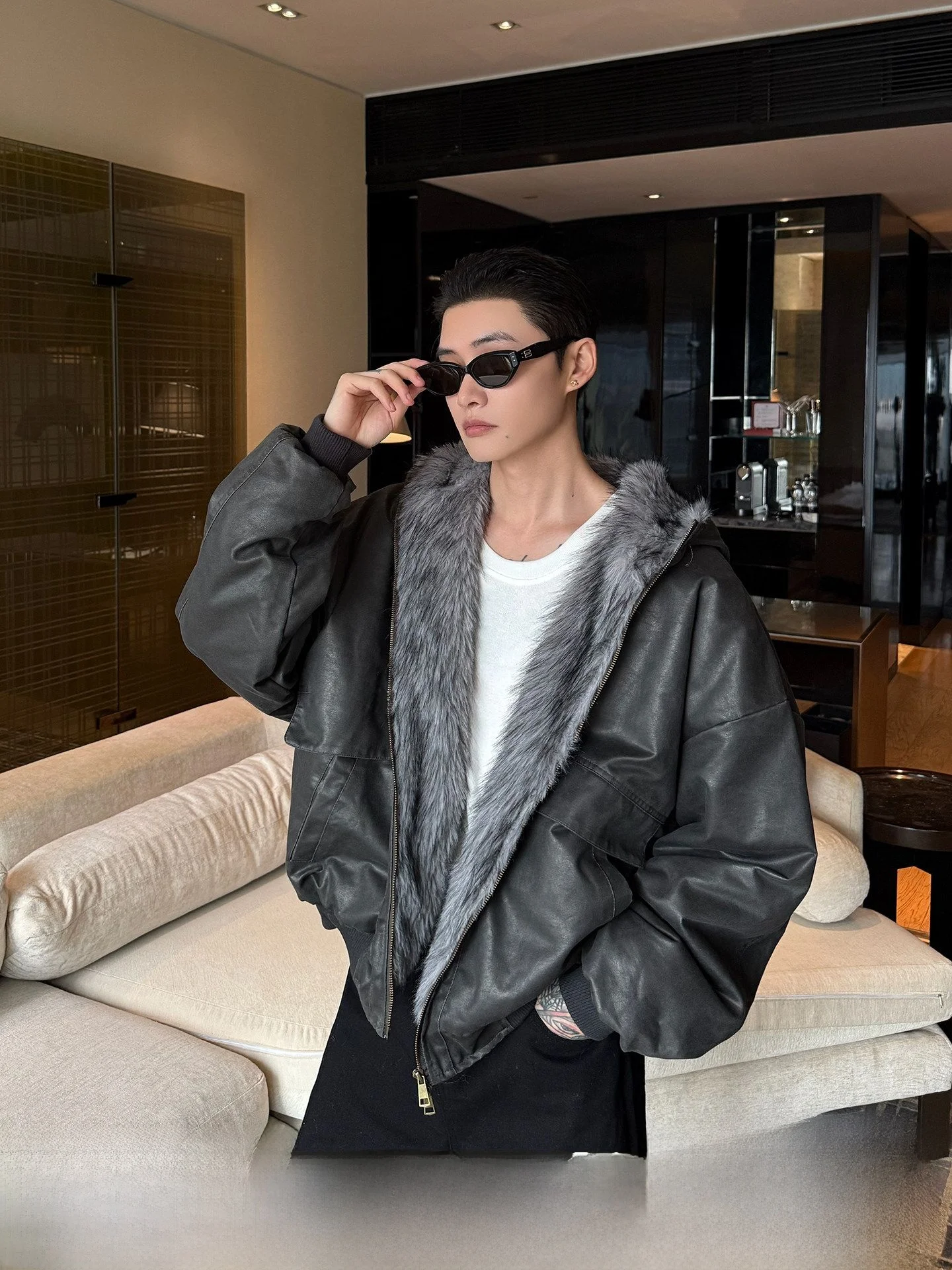 

CuiBuju American Retro Hooded Fleece Lined Deconstructed PU Leather Loose Warm Cotton Jacket Men's Casual Style Long Sleeve Coat