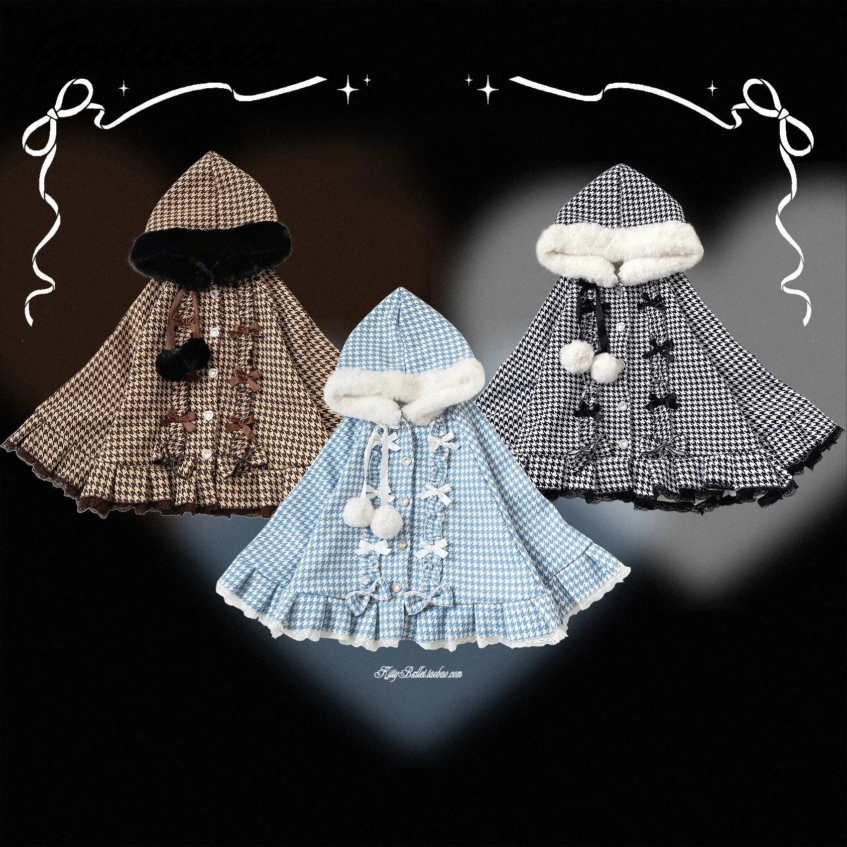 New Autumn and Winter Sweet Girl's Plaid Hooded Cloak Cute Fur Ball Women's Bow Plush Warm Ponchos Lolita Cape Coat