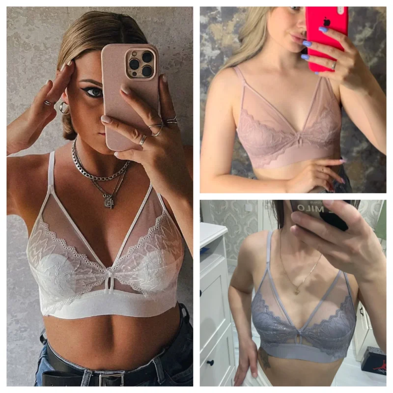Blumenspitzen-BHs für Damen, gepolsterte BHs, BHs ohne Bügel, einfarbige BHs mit Spitze, BHs mit festen Körbchen, Unterwäsche, sexy Dessous. – Detail 2
