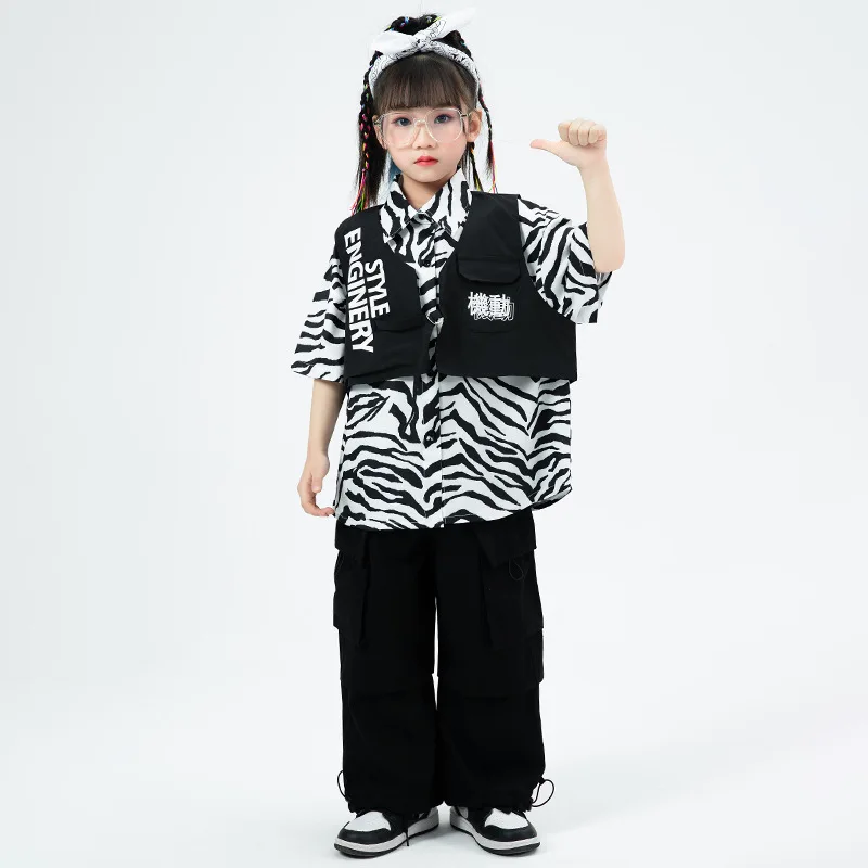 Vêtements de danse Hip Hop pour enfants, chemise zèbre pour garçons et filles, tenue de performance de danse moderne, tenue de scène, vêtements d'été trempés, glaPants noirs