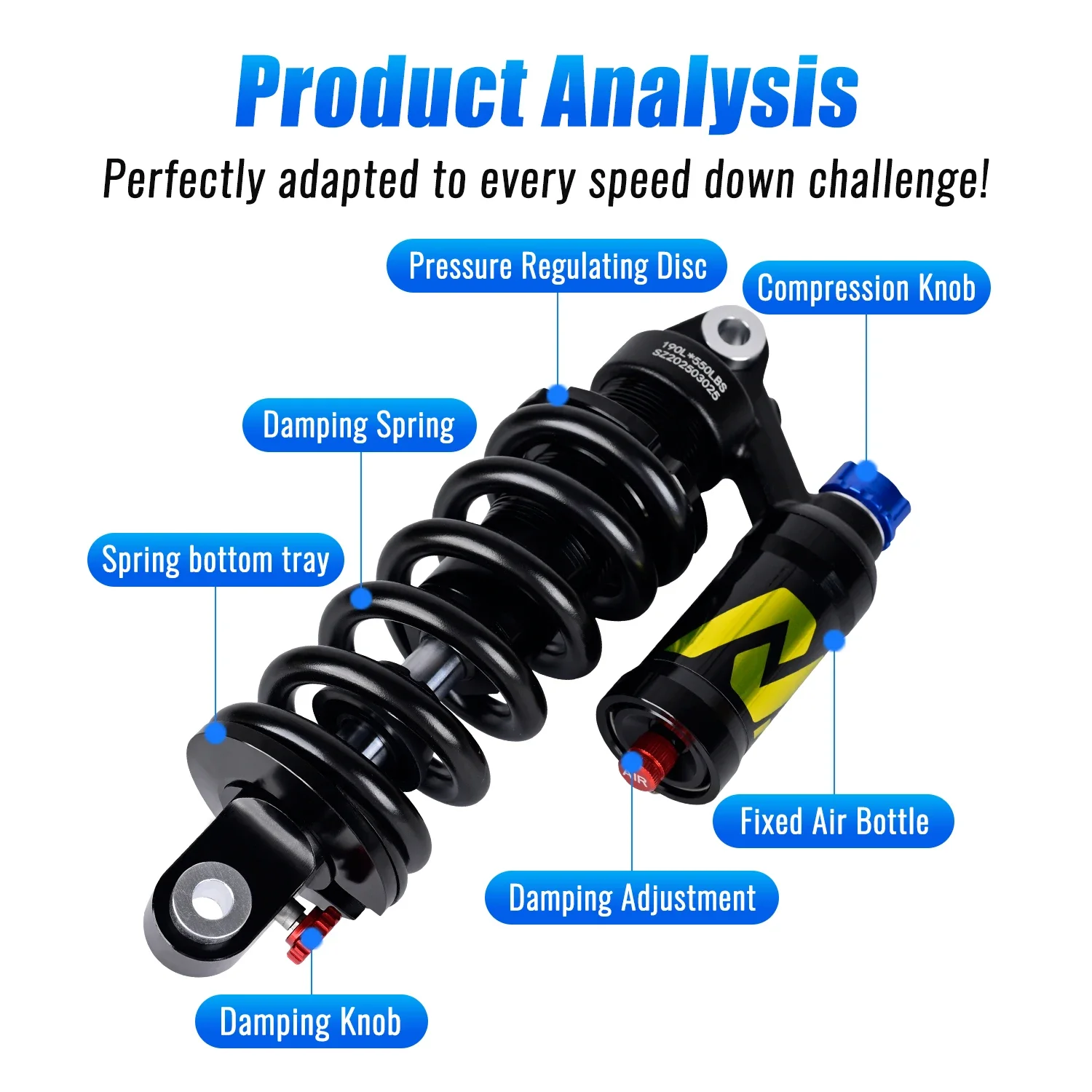 NANLIO Rear Coil Shock 190/210/230mm Dual Damping MTB Suspension Adjustable Rebound & Compression Downhill Trail Bike 550LBS