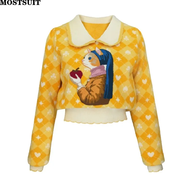 Yellow Cartoon Embroidered Sweater Pullover Women Vintage Stylish Chic Fashion Knitwear Tops Long Sleeve Loose Ladies Jumpers