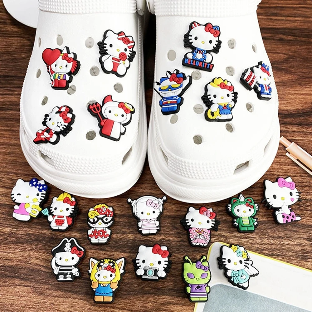 18PCS Cartoon Hello Kitty Shoe Charm Mix Wholesale PVC Decor Buckle Sandal Clog Bag Wristband Detachable Waterproof To XMAS Gift