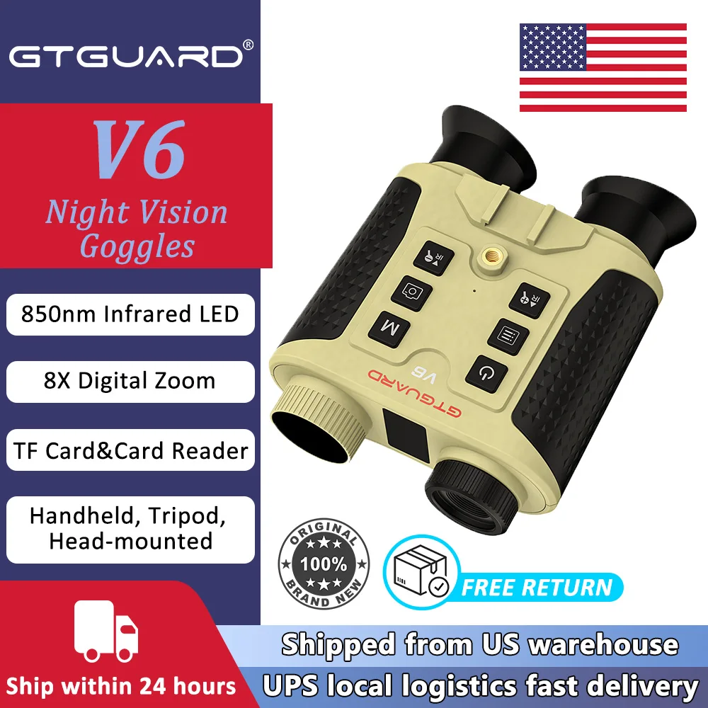 GTGUARD V6 Infrared Night Vision Goggles Binoculars Headband-mounted Helmet-mounted 8X Digital Zoom Telescope Supports 4K Photo And 1080P FHD Video Recording Night Low-light 300M Observation Distance For Outdoor Exploration Up to 8 Hours of Battery Life