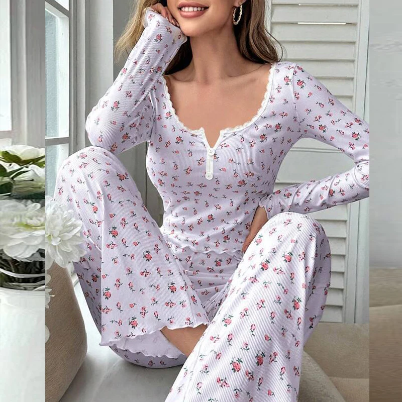 

Women's printed pajama set with round neck long sleeved top elastic waist long pants casual spring home clothes two piece set