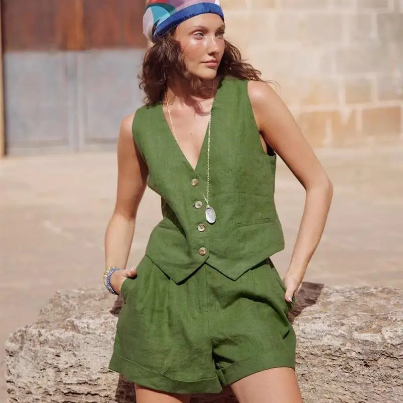 

Green Cotton Linen Vest Shorts Set Women's Casual Wear Spring Summer New Style Two-Piece Suit round Neck Short Sleeve