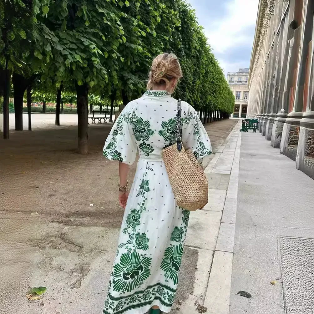 Robe Maxi imprimée Vintage, mode élégante, grand ourlet, Design ample, col en v, manches longues, chemise, Robes de rue pour femmes