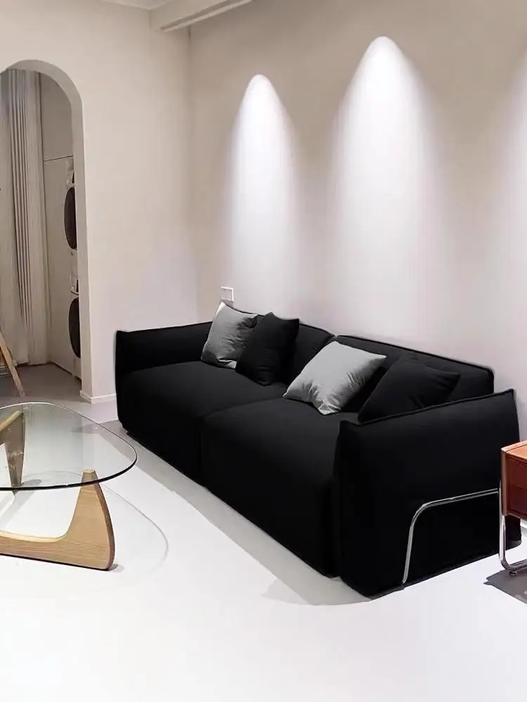 

Nordic light luxury small steel ring chenille sofa living room straight row wabi-sabi wind retro lamb wool black three-person