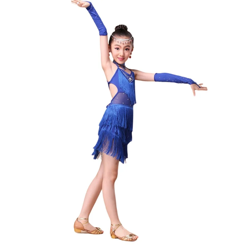 Abiti da ballo per ragazze Danza del ventre Gonna da tango per bambini Abbigliamento da carnevale Abbigliamento da ballo Costumi di salsa latina Abito da ballo con nappe di alta qualità