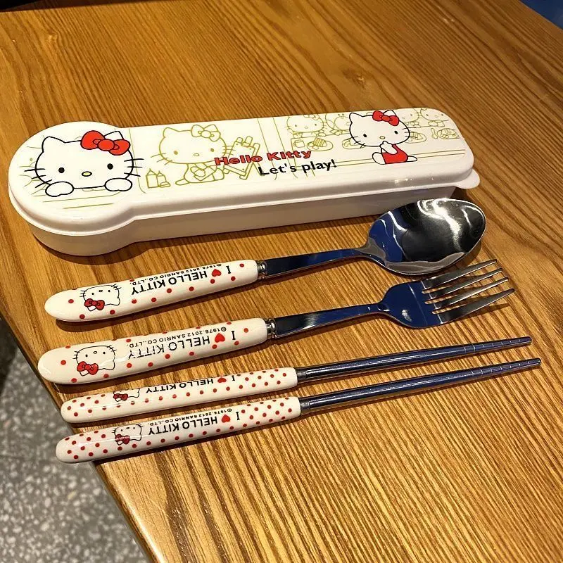 2pcs set Sanrio Hello Kitty Stainless Steel Portable Tableware Cute Spoon Chopsticks Set For Home Party Outdoor Supplies Cute