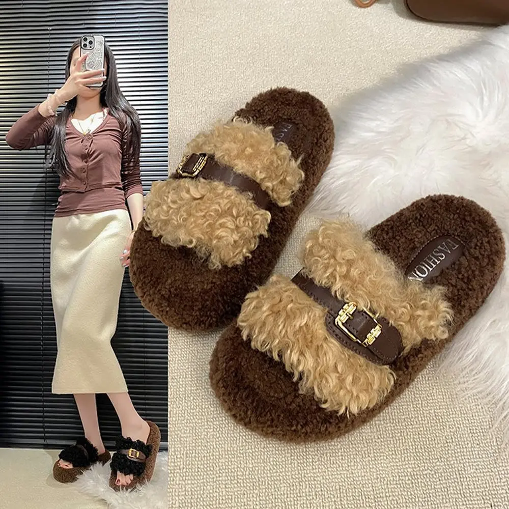 شباشب قطيفة سميكة القاع سهلة الارتداء مفتوحة من الأمام بتصميم كلاسيكي بإبزيم حزام خريفي وصل حديثًا شباشب سطحية مطاطية عصرية #2