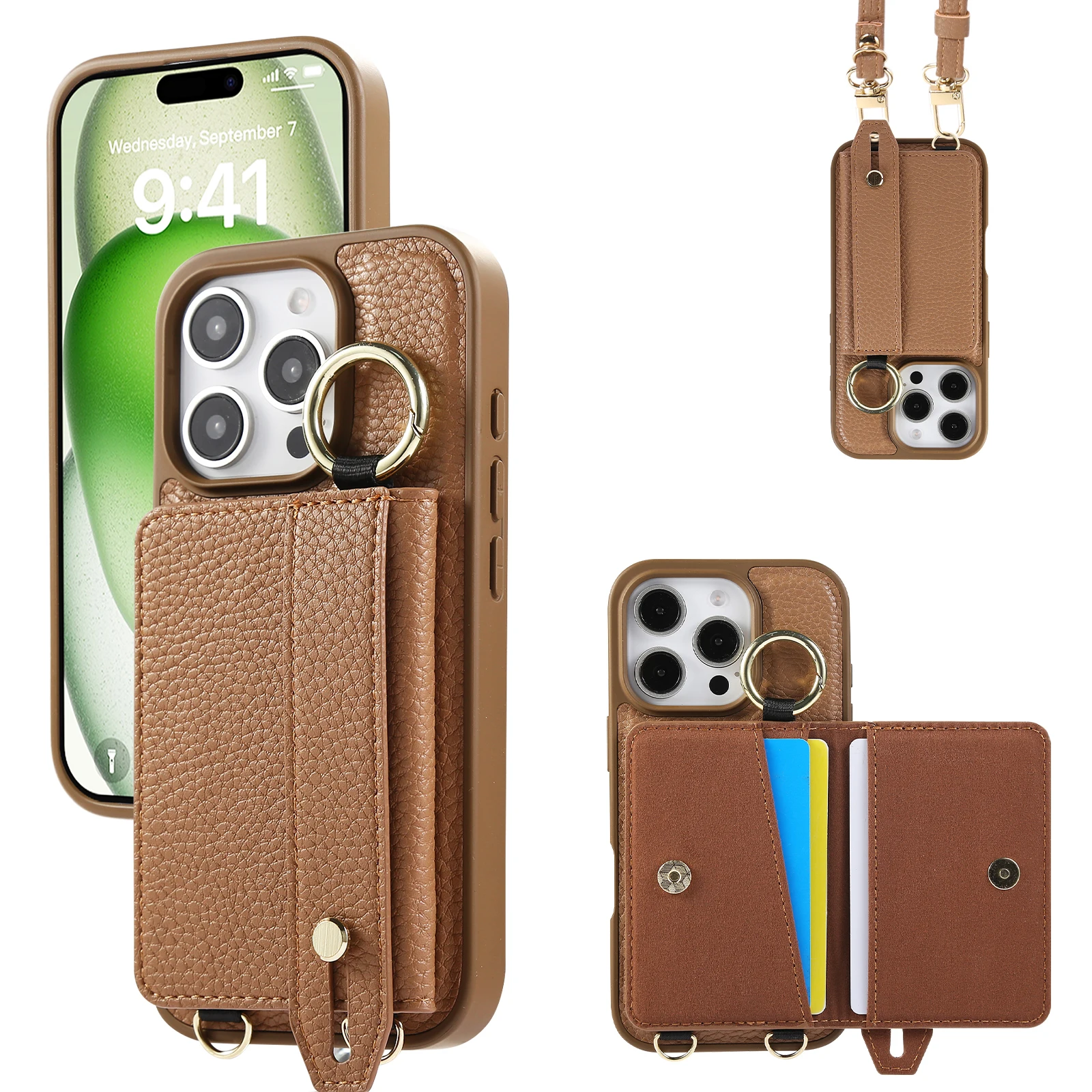

with Shoulder Strap Card Bag Slot Phone Case for iPhone 16 15 14 16E Pro Max Plus 13 12 11 Cases Wrist Band Leather Sleeve Cover