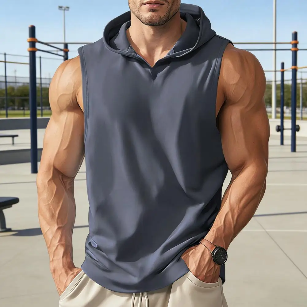 Athletic Sleeveless Shirt Men Vest Hooded Sleeveless Summer Vest Wide Shoulder Straps Pure Color Quick Drying Sports Tops 90