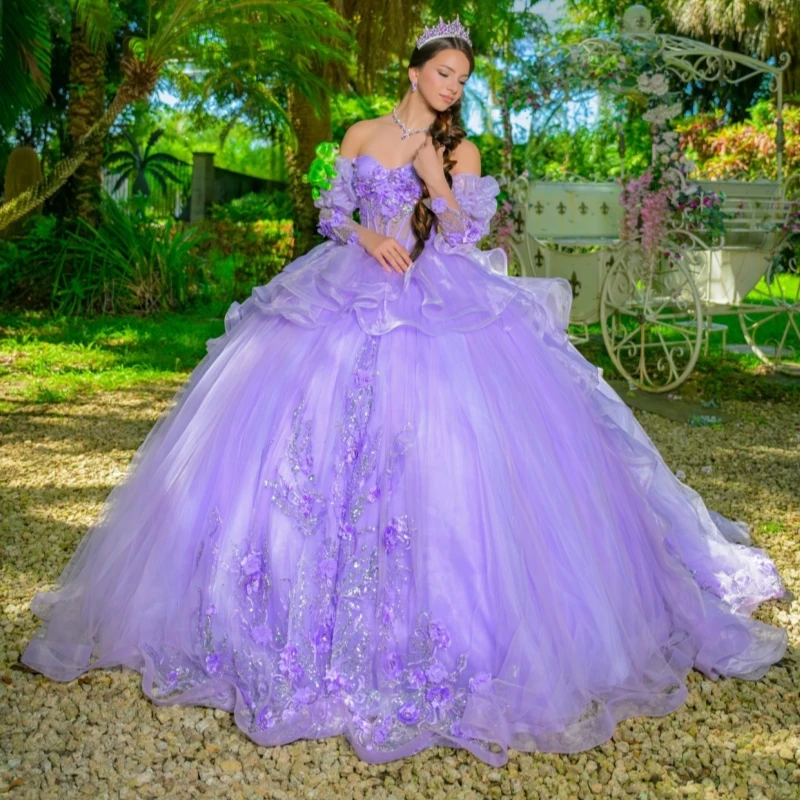 

Lavender Shiny Quinceanera Dresses Off The Shoulder Applique Flower Beads Tull Ball Gown Vestidos De 15 Anos Sweet 16 Dress
