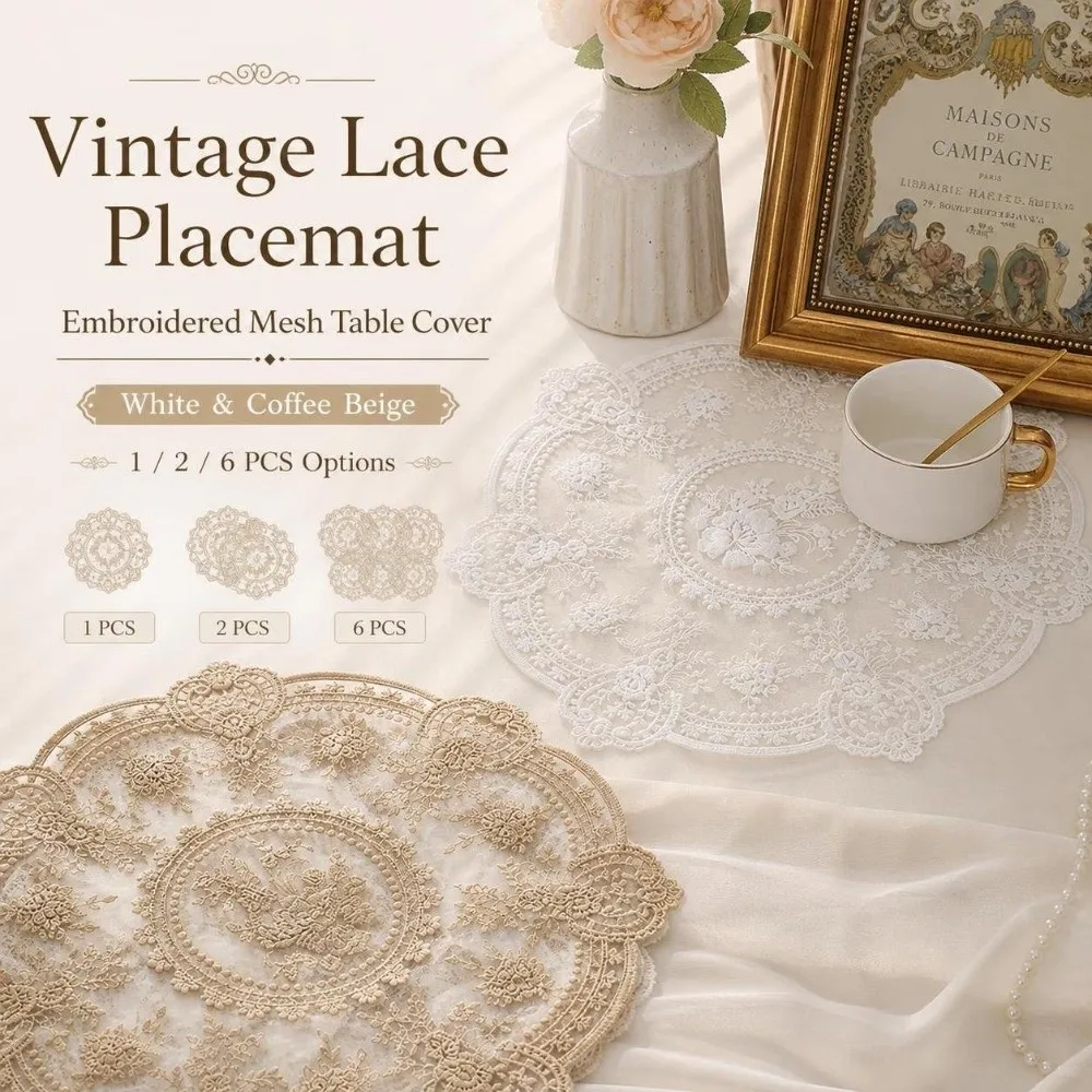 1/2/6pcs Embroidered Lace Tablemats Round Decorative Handmade Lace Table Mats Flower Embroidery Napkin Placemat