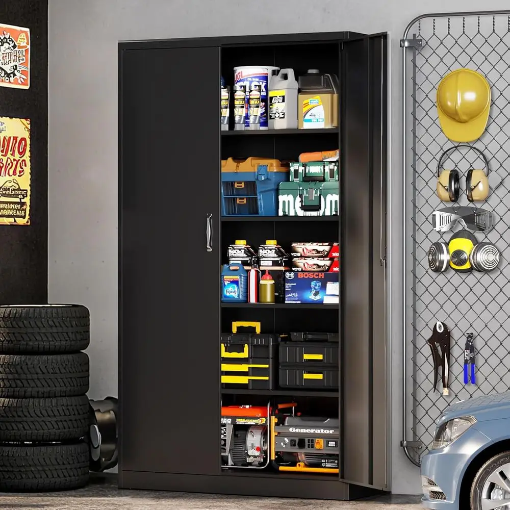 Black 71 Tall Lockable Metal Storage Cabinet with 2 Doors and 4 Adjustable Shelves for Home, Office, and Garage Use