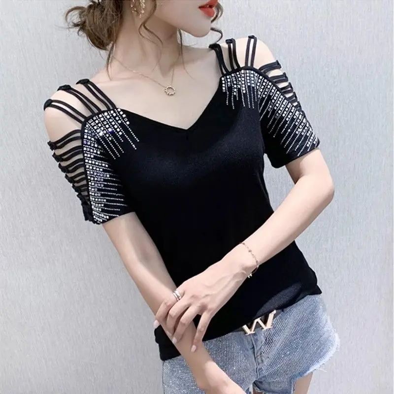 

Women Summer Casual Fashion Solid Color Off Shoulder Short Sleeve T-Shirt Women Clothes Trend All-match Temperament V-neck Tops