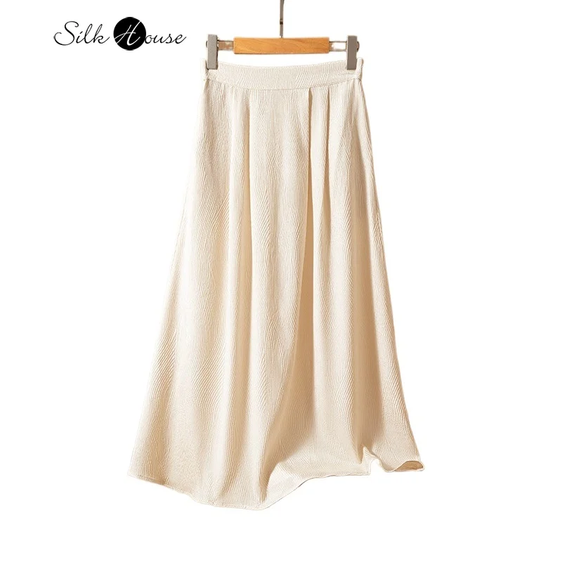 

2024 Women's Fashion Autumn New Style Relief 100% Natural Mulberry Silk GuanLe Crepe Elastic Waist Rice White Skirt