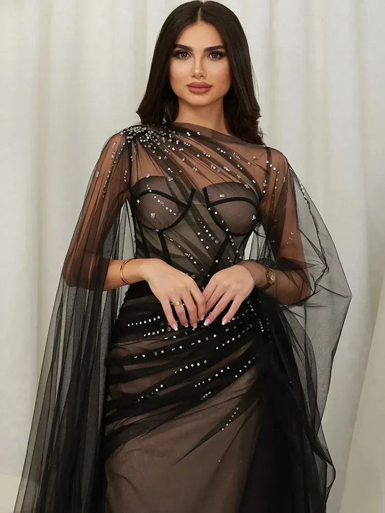 LAYXHS فساتين سهرة رسمية أنيقة سوداء برقبة دائرية من التل حورية البحر مطرز بطيات فساتين لحضور الحفلات الموسيقية مخصصة Fساتين Sheer